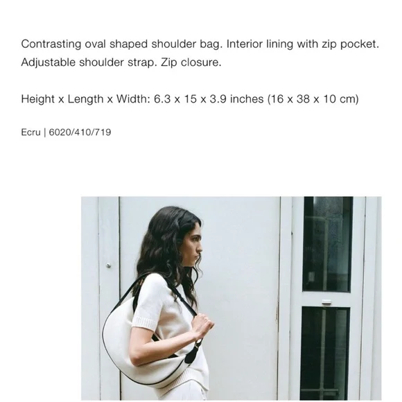 Zara linen off white ecru & black trim contrast oval crescent shoulder bag purse - Picture 2 of 8